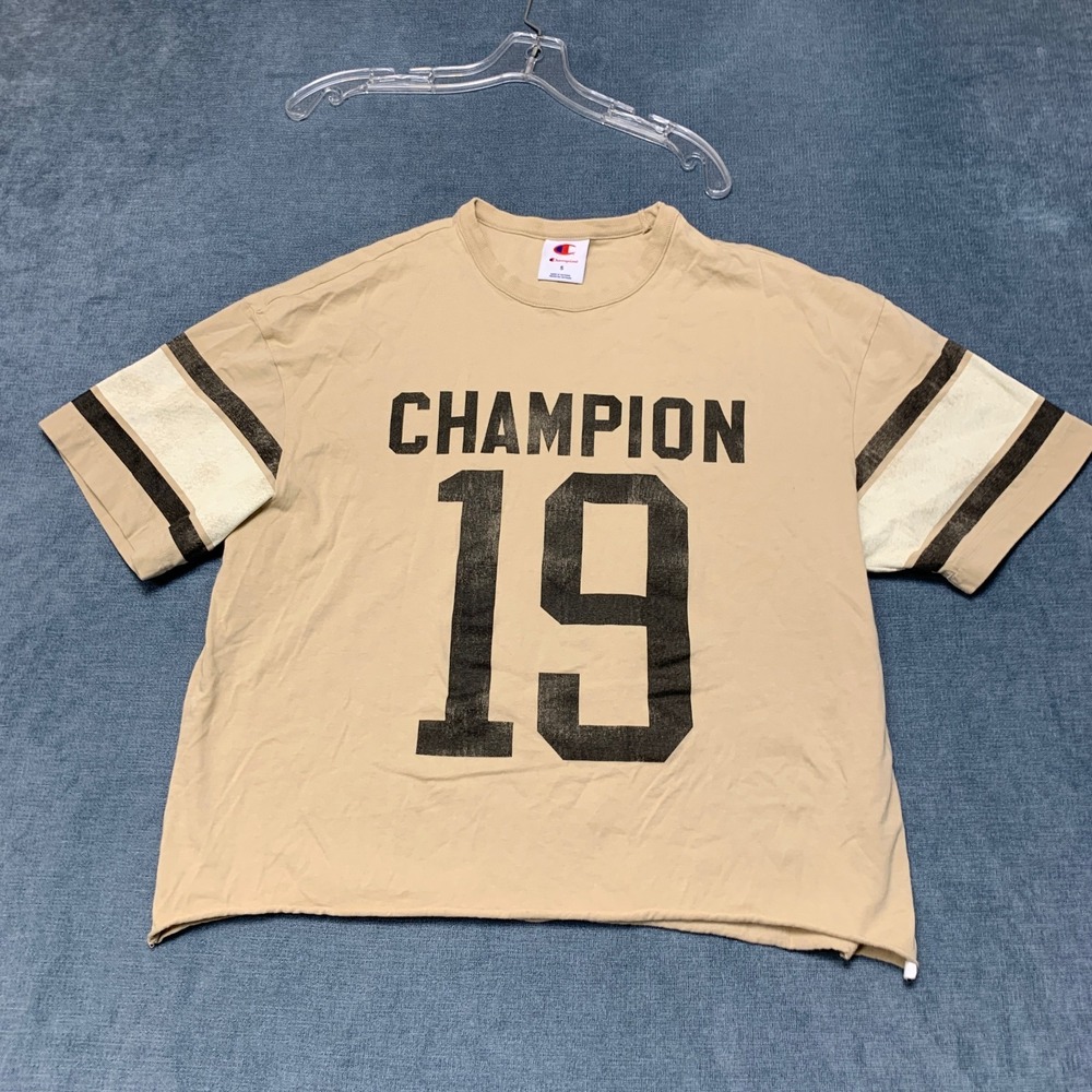 Champion T Shirt Mens S Beige Spellout Logo #19 Crew Neck Short Sleeve Pullover